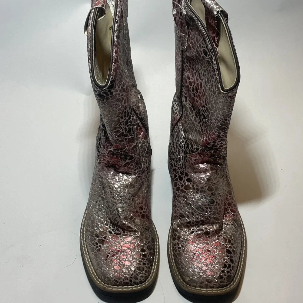 Old West Girls Size 3 D Pink Glitter Shimmery Snake Print Western Cowboy Boots